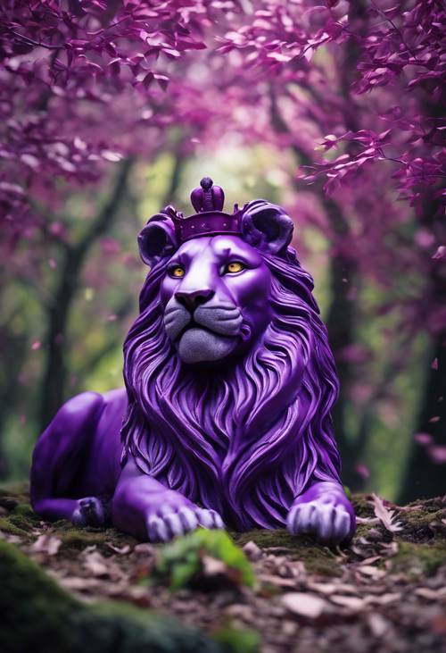 Um leão roxo com uma coroa de folhas, simbolizando a realeza e o poder na floresta.