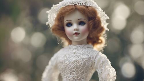An antique porcelain doll dressed in a delicate white lace dress.