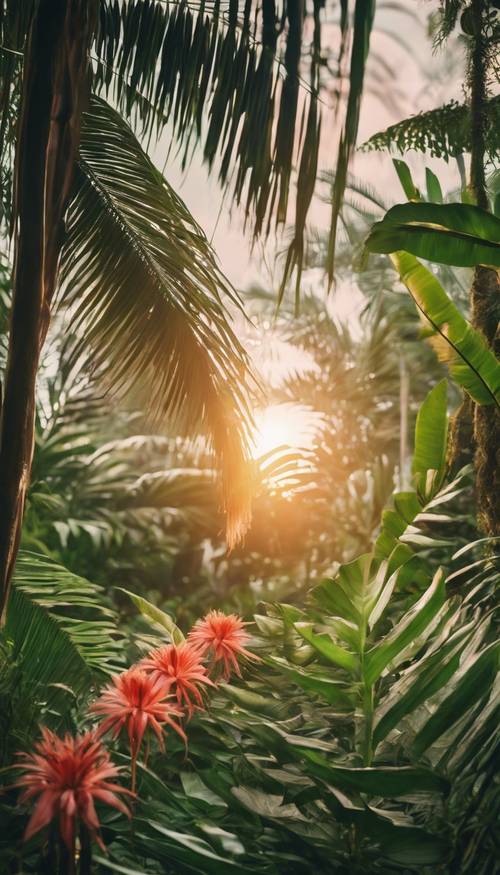 Ein üppiger, grüner Dschungel mit exotischen Blumen bei Sonnenaufgang.
