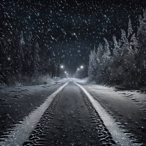 Jejak ban mobil tercetak di jalan licin es hitam pada malam musim dingin yang gelap.