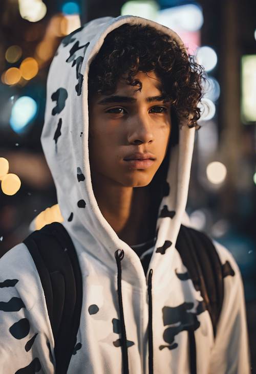 A teenager wearing a white camo hoodie in a bustling city at night.