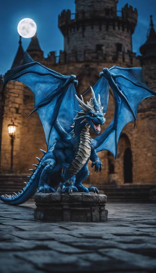 Dragão azul em frente a um castelo iluminado pela lua, com suas asas abertas em pose ameaçadora.