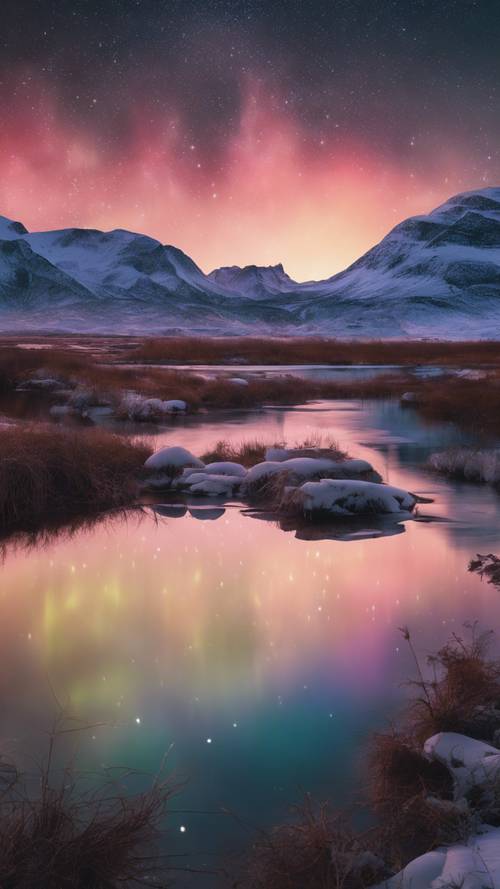 寧靜的風景沐浴在北極光的柔和光芒中。