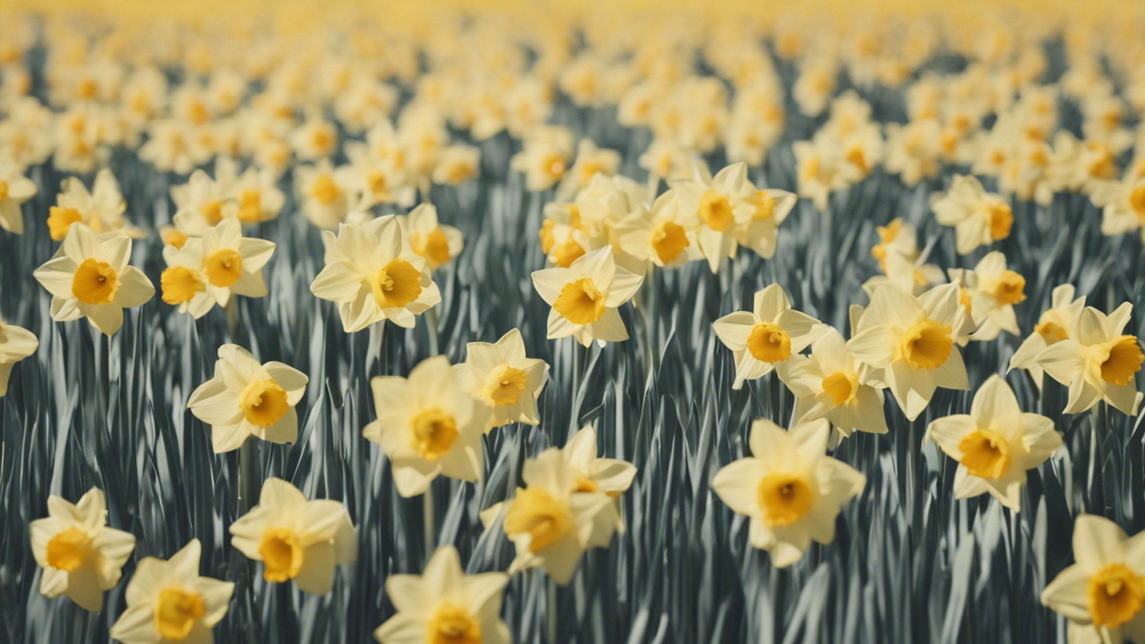 An abstract interpretation of a daffodil field, rendered using geometric shapes and pastel colors. Wallpaper[f05f2b2f78334c279484]