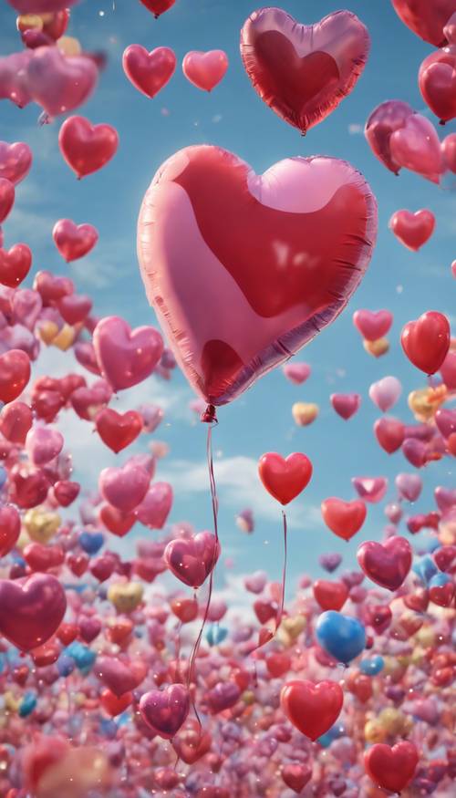 Renkli mini kalplerle çevrili, gökyüzüne doğru süzülen sevimli kawaii gözleri olan dev bir kalp balonu.