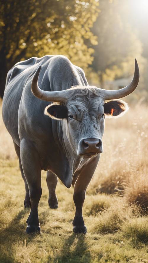 A grey Belgian Blue bull with impressive muscles, posing in the sunlight.