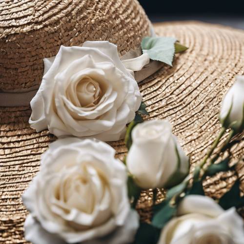 Weiße Rosen, sorgfältig eingebettet in den geflochtenen Strohhut eines kleinen Mädchens.