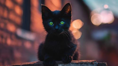 A mewling black kitten with striking green eyes, perched atop an old red brick wall against a backdrop of a starry night.