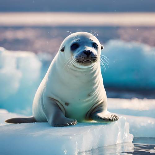 Nahaufnahme eines Robbenjungen mit blauen Augen, das stoisch auf einem schmelzenden Eisberg sitzt, während auf dem umgebenden Meer die Regenbogenreflexe tanzen.