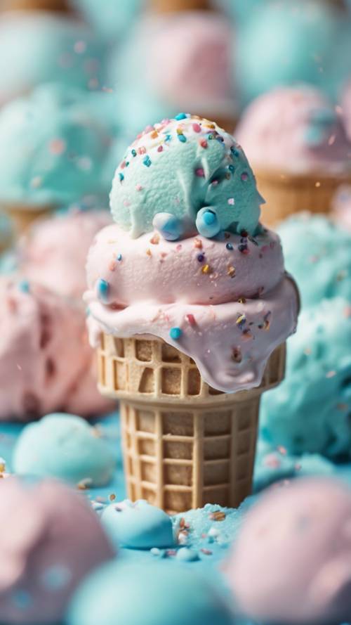 Es krim ala Kawaii dengan taburan warna biru pastel di atasnya.