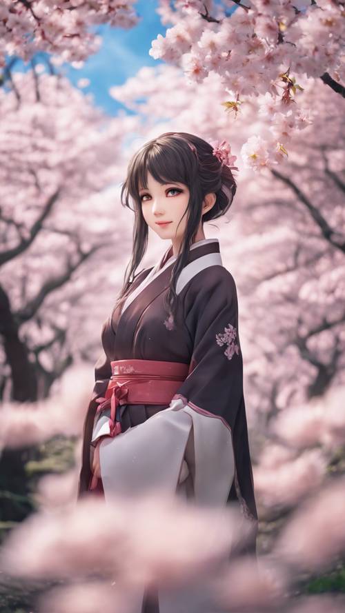 Dziewczyna z anime stojąca pośród gaju kwitnących wiśni z cichym uśmiechem na twarzy.