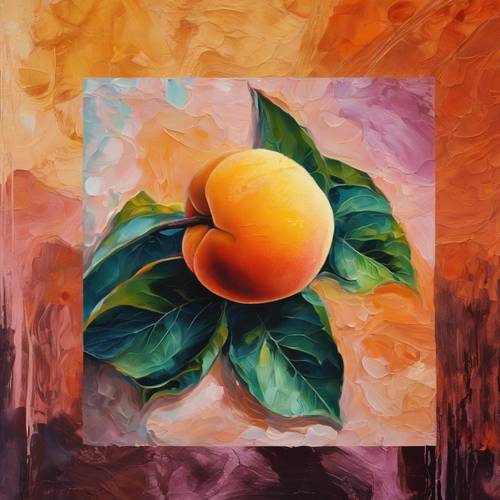 Ein abstraktes Ölgemälde einer reifen Aprikose auf Leinwand mit kräftiger Farbgebung.
