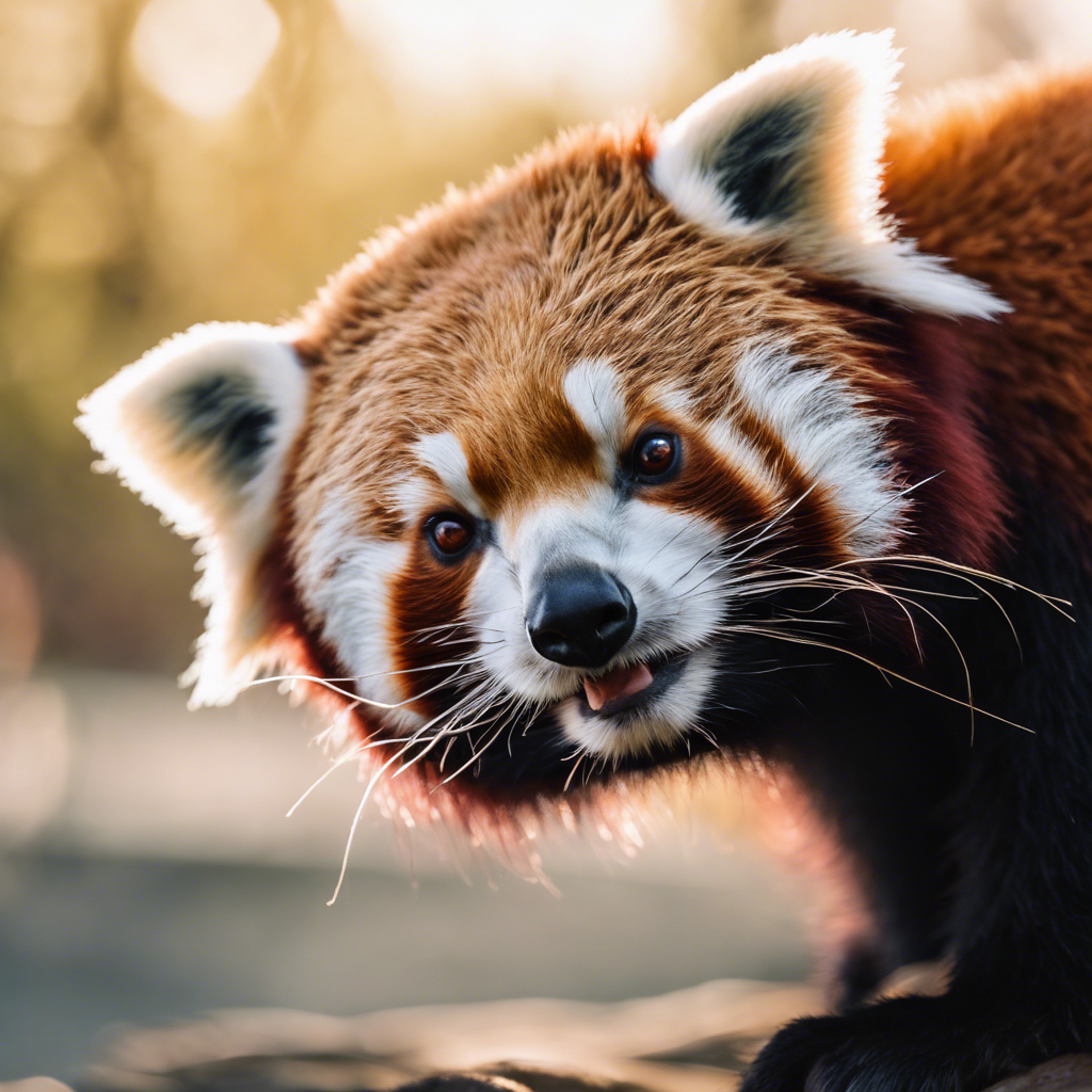 A grumpy looking red panda squinting against the morning sun.壁紙[9902a2e1279e43e38f8b]