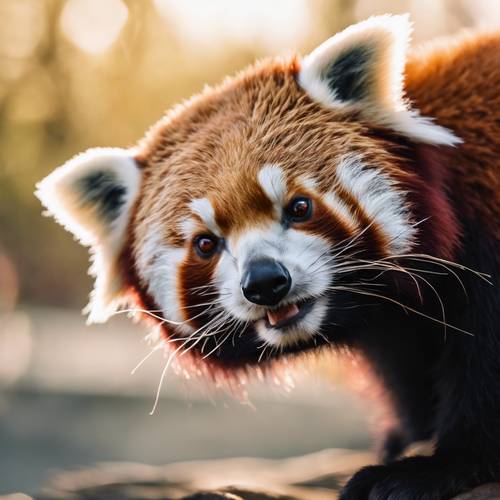 Sabah güneşine karşı gözlerini kısarak huysuz görünen bir kırmızı panda.
