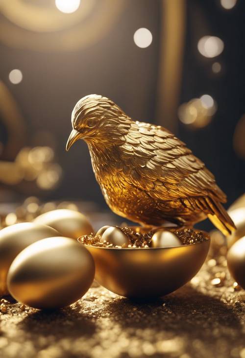 A large golden bird emerging from its golden egg for the first time.