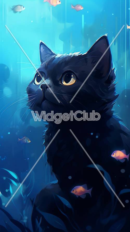 神秘的な黒猫の水中冒険