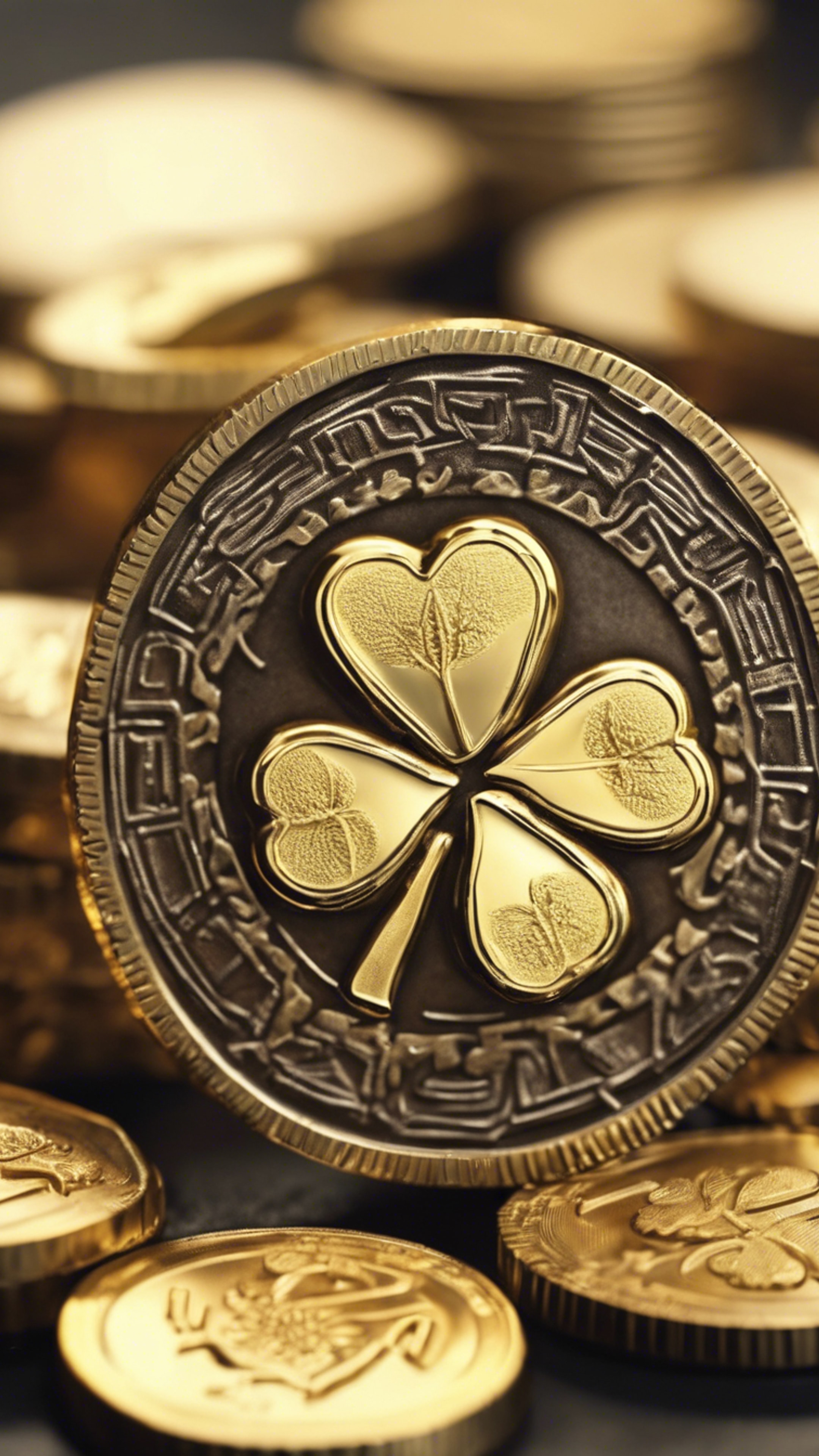 A bright, shiny gold coin embossed with symbols of luck and fortune, such as a four-leaf clover and horseshoe. Wallpaper[bb53971e80d14be698f8]