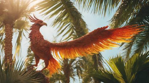 A glowing phoenix carrying a leafy branch to its nest in a tall palm tree in an exotic oasis.