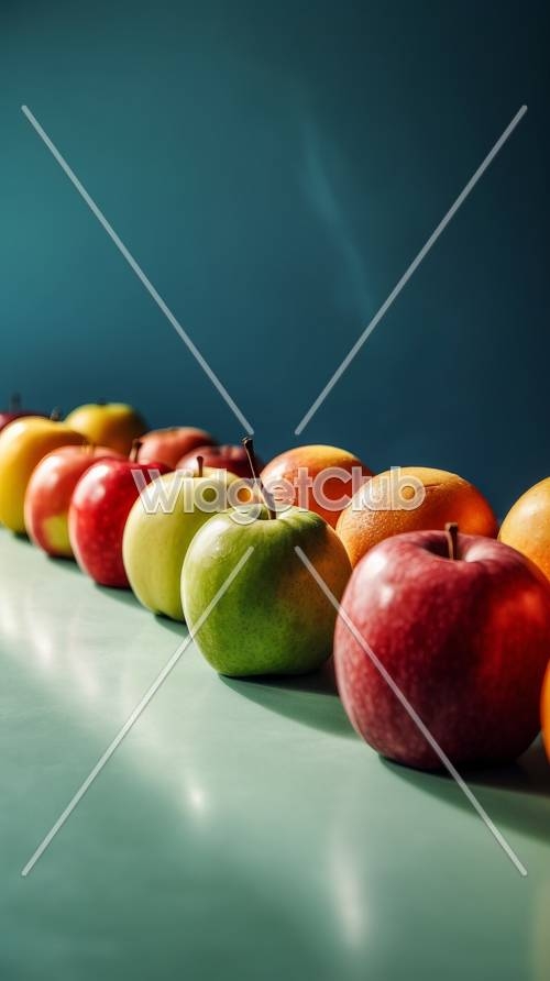 A Line of Colorful Apples on Blue Background壁紙[c34f5eb446274266bff9]