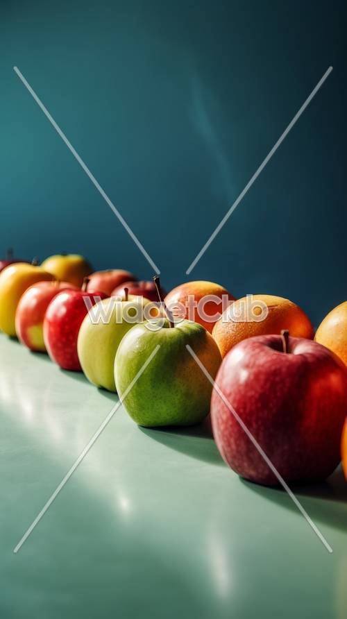Uma linha de maçãs coloridas em fundo azul