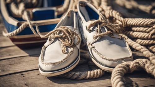 Un paio di scarpe da vela in stile preppy accanto a un nodo di corda per barca.