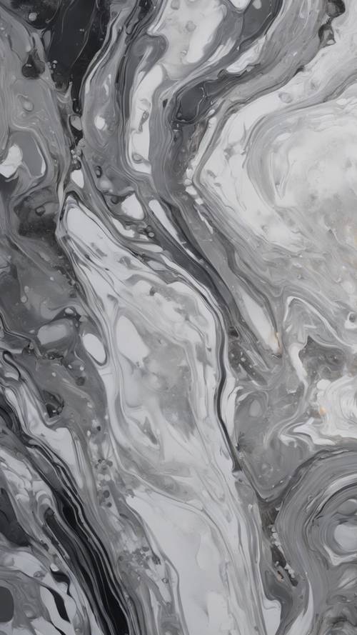 Un gros plan détaillé d’une peinture abstraite unique mélangeant des nuances de gris et de blanc.