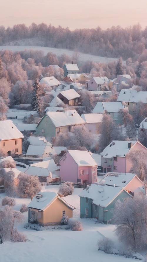 Pokryta śniegiem wioska o świcie, nietknięta i spokojna, z domami w pastelowych kolorach.