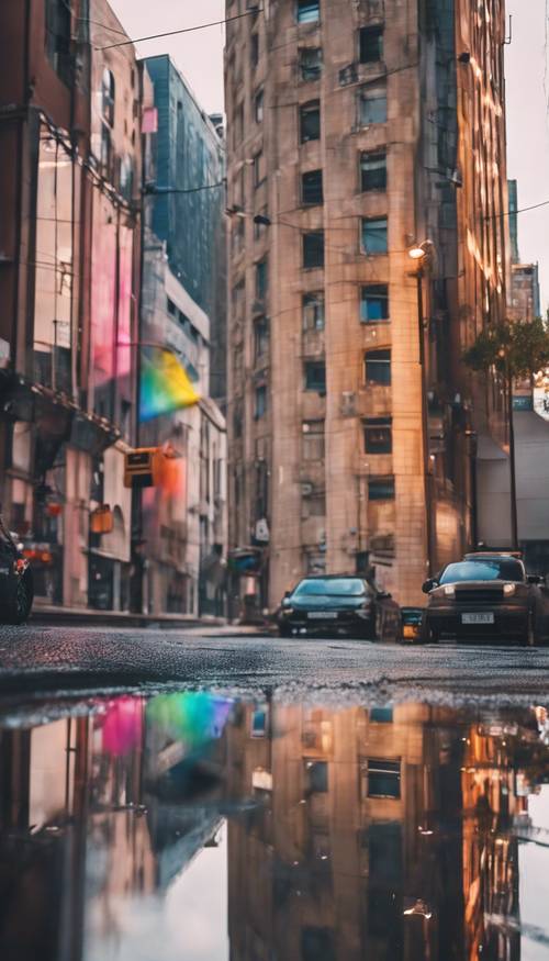 A modern city street reflecting a beautiful rainbow after the rain.