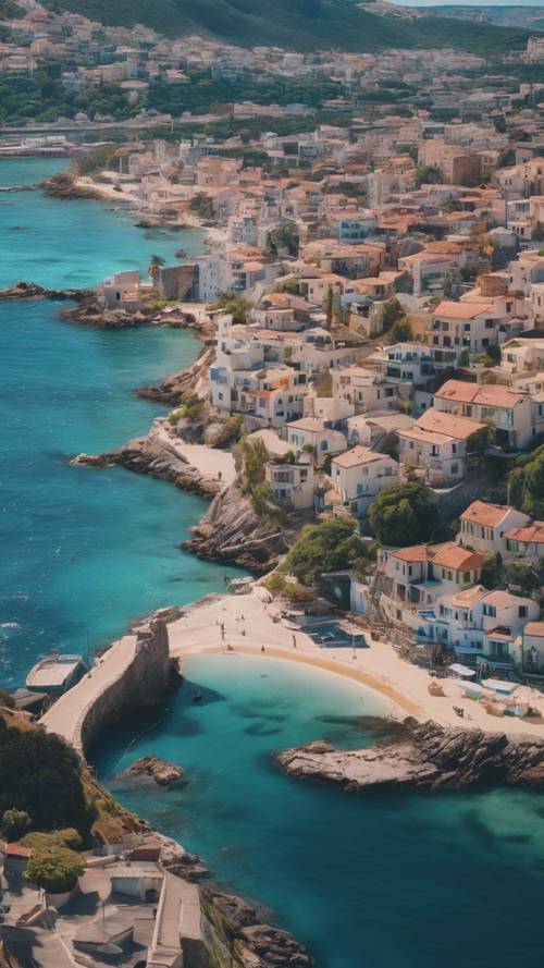 A panorama featuring a small, quiet coastal city curled around a deep blue bay. Tapeta [a188b535c425420e96ab]
