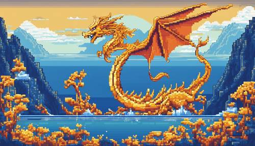 Une scène magique en pixels représentant un majestueux dragon doré survolant une magnifique mer bleu saphir.