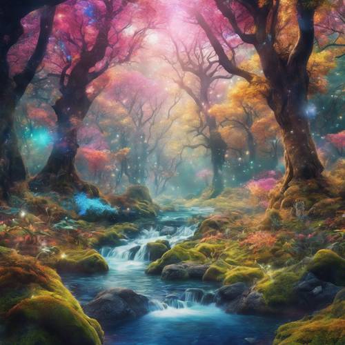 A painting of a whimsical forest with technicolor trees, a sparkling stream and mythical creatures