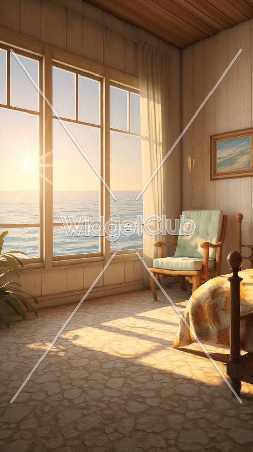 منظر الشاطئ المشمس من الغرفة المريحة