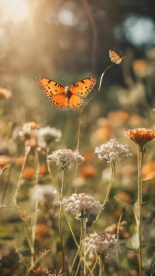 Pomarańczowy motyl w locie pośród polnych kwiatów, światło słoneczne odbija się w jego delikatnych skrzydłach”.