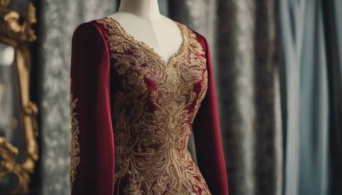 An elegant burgundy gown with intricate gold embroidery displayed on a vintage mannequin.