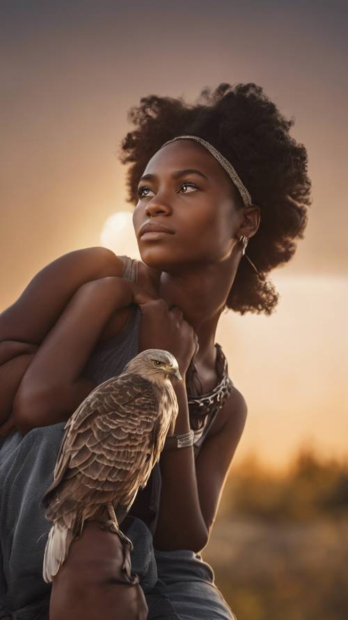 Una ragazza nera con un falco appollaiato sul braccio, che guarda verso il sole al tramonto.