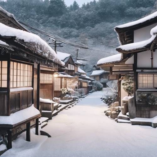 A pristine anime depiction of a white Christmas in rural Japan with traditional thatched houses.