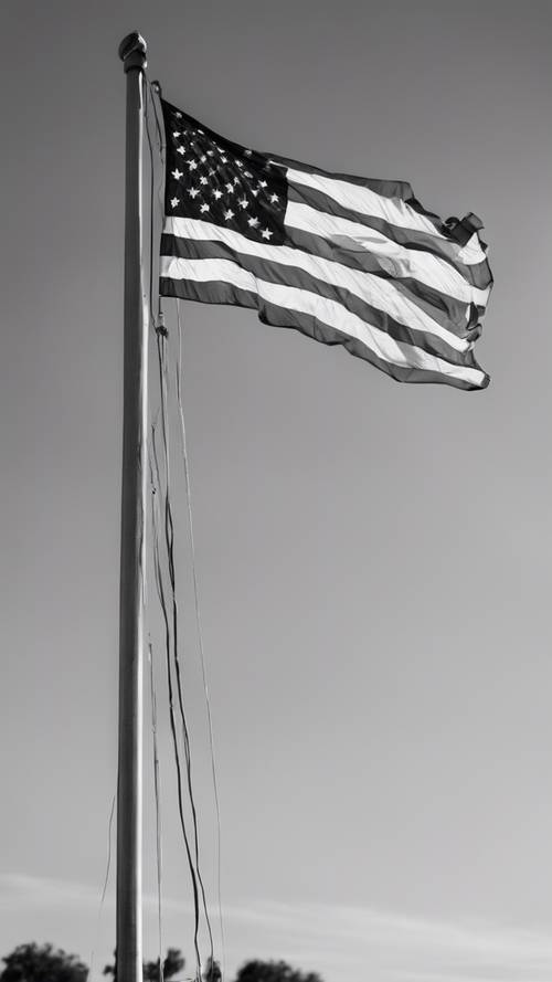 Czarno-białe zdjęcie amerykańskiej flagi opuszczonej do połowy masztu.