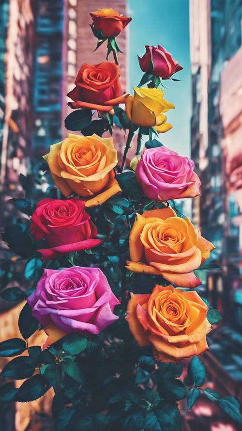 Representación estilo pop art de rosas multicolores en un paisaje urbano moderno.