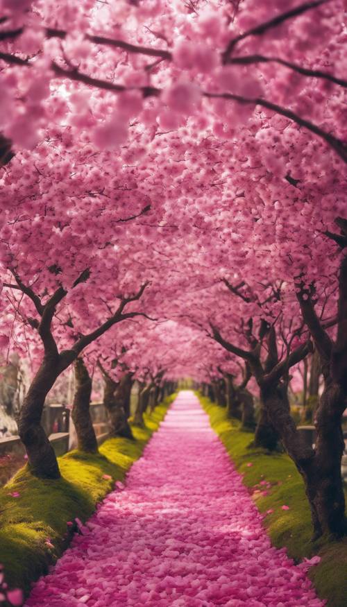 一条风景如画的花园小径，覆盖着粉红色的樱花花瓣