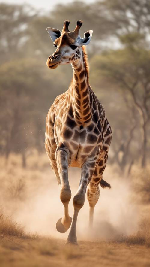 Uma girafa correndo rapidamente pela savana, com as orelhas batendo e levantando poeira.