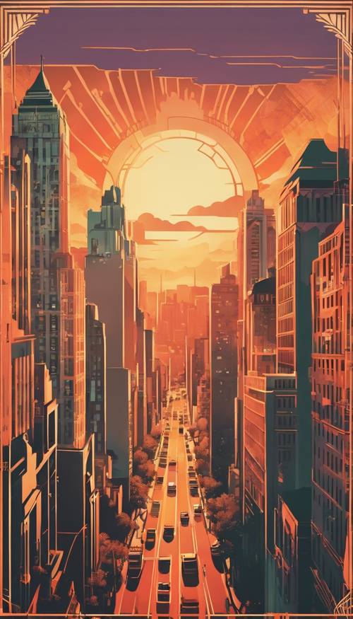 Um pôster em estilo Art Déco ilustrando um pôr do sol vibrante sobre uma paisagem urbana movimentada da década de 1920.