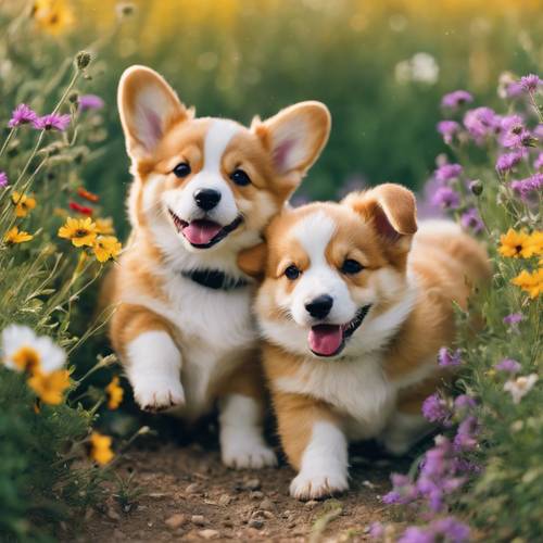 Corgi puppies frolic in a meadow filled with colourful wildflowers.