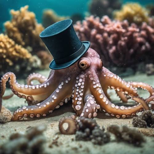 Элегантный осьминог в цилиндре и трости очаровывает группу морских существ на дне моря. Обои [14256c8247f8473f9649]