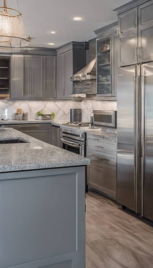 Interior de cozinha cinza elegante e moderno, com eletrodomésticos de aço inoxidável e bancadas em granito polido.