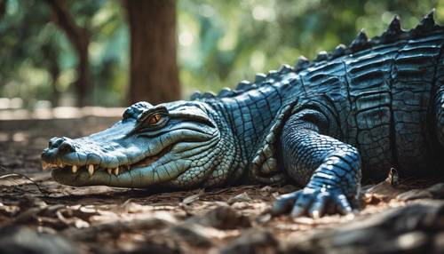 Um crocodilo azul adormecido enrolado sob a sombra de uma grande árvore frondosa.