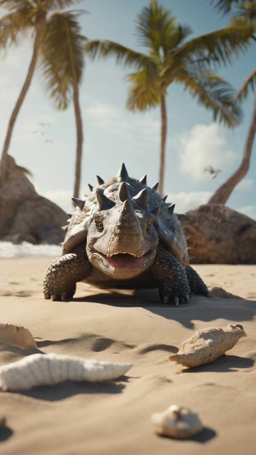 אנקילוזאורוס שמנמן מנמנם על חוף שטוף שמש, עם שחפים עפים מסביב.