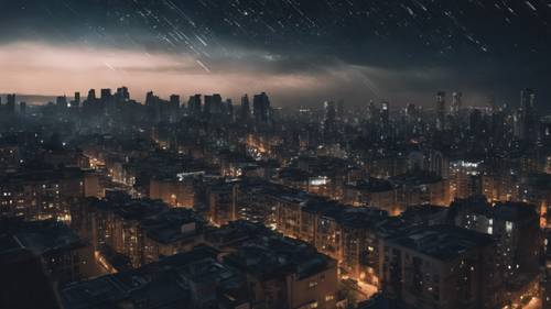 A dark city, filled with densely-packed buildings, momentarily awoken by the piercing light of a meteor shower. Tapeta [dc52b0b63b484993be43]