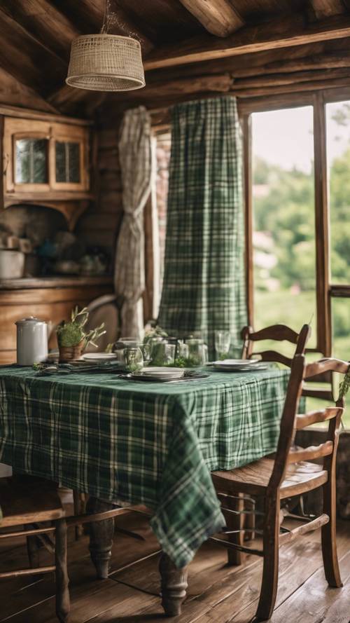 A rustic cottage adorned with green plaid curtains and matching tablecloth.