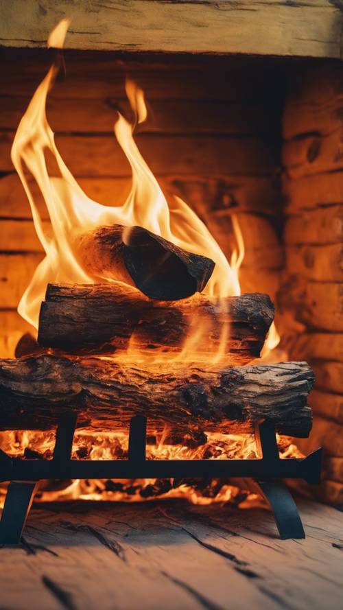 A fire crackling in wood fireplace with bright orange flames on a yellowish wooden background.