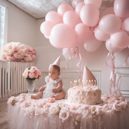 A baby's first birthday party decorated with soft pink roses and pastel balloons